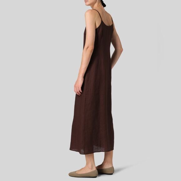 Vivid Chocolate Brown 💯 Linen Midi Slip Dress Large - Picture 2 of 12